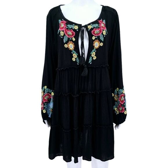 Free People Spell on You Embroidered Peasant Mini Dress Black M - Picture 1 of 6